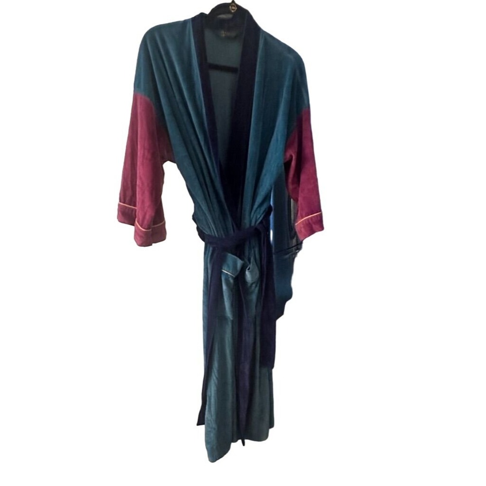 Colours by‎ Alexander Julian Green Blue Burgundy Color Block Velour Robe Large